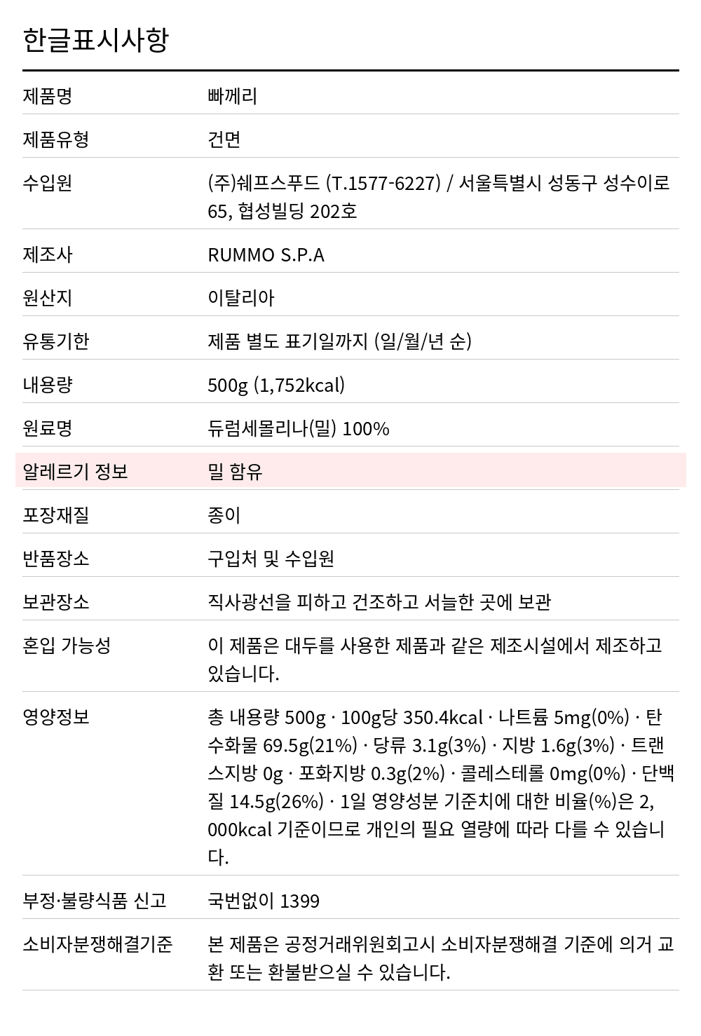 룸모 파케리 500g 한글표시사항. 제품명: 빠께리, 제품유형: 건면, 수입원: (주)쉐프스푸드 (T.1577-6227) / 서울특별시 성동구 성수이로 65, 협성빌딩 202호, 제조사: RUMMO S.P.A, 원산지: 이탈리아, 유통기한: 제품 별도 표기일까지 (일/월/년 순), 내용량: 500g (1,752kcal), 원료명: 듀럼세몰리나(밀) 100%, 알레르기 정보: 밀 함유, 포장재질: 종이, 반품장소: 구입처 및 수입원, 보관장소: 직사광선을 피하고 건조하고 서늘한 곳에 보관, 혼입 가능성: 이 제품은 대두를 사용한 제품과 같은 제조시설에서 제조하고 있습니다., 영양정보: 총 내용량 500g · 100g당 350.4kcal · 나트륨 5mg(0%) · 탄수화물 69.5g(21%) · 당류 3.1g(3%) · 지방 1.6g(3%) · 트랜스지방 0g · 포화지방 0.3g(2%) · 콜레스테롤 0mg(0%) · 단백질 14.5g(26%) · 1일 영양성분 기준치에 대한 비율(