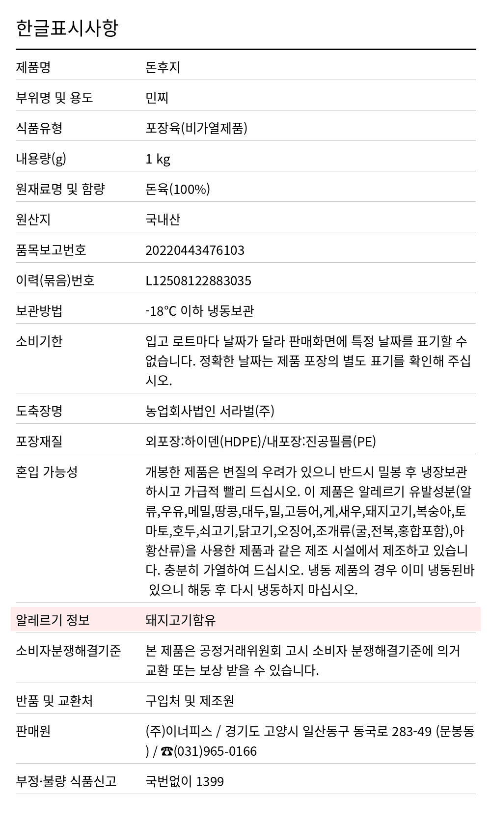 돈민찌(우지100%/국내산) 1kg 한글표시사항. 제품명: 돈후지, 부위명 및 용도: 민찌, 식품유형: 포장육(비가열제품), 내용량(g): 1 kg, 원재료명 및 함량: 돈육(100%), 원산지: 국내산, 품목보고번호: 20220443476103, 이력(묶음)번호: L12508122883035, 보관방법: -18℃ 이하 냉동보관, 소비기한: 입고 로트마다 날짜가 달라 판매화면에 특정 날짜를 표기할 수 없습니다. 정확한 날짜는 제품 포장의 별도 표기를 확인해 주십시오., 도축장명: 농업회사법인 서라벌(주), 포장재질: 외포장:하이덴(HDPE)/내포장:진공필름(PE), 혼입 가능성: 개봉한 제품은 변질의 우려가 있으니 반드시 밀봉 후 냉장보관하시고 가급적 빨리 드십시오. 이 제품은 알레르기 유발성분(알류,우유,메밀,땅콩,대두,밀,고등어,게,새우,돼지고기,복숭아,토마토,호두,쇠고기,닭고기,오징어,조개류(굴,전복,홍합포함),아황산류)을 사용한 제품과 같은 제조 시설에서 제조하고 있습니다. 