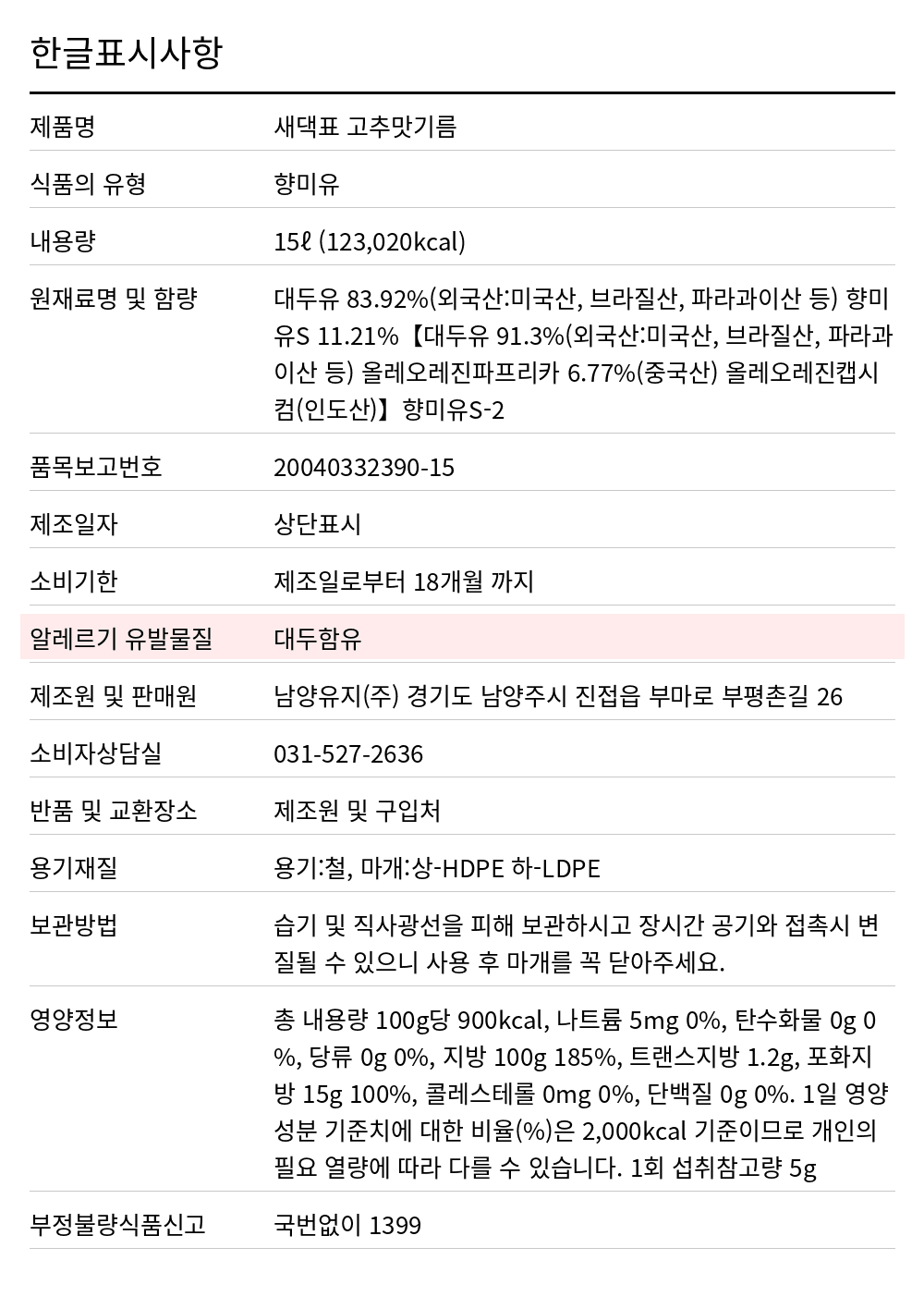 새댁표 고추맛기름 15L 한글표시사항. 제품명: 새댁표 고추맛기름, 식품의 유형: 향미유, 내용량: 15ℓ (123,020kcal), 원재료명 및 함량: 대두유 83.92%(외국산:미국산, 브라질산, 파라과이산 등) 향미유S 11.21%【대두유 91.3%(외국산:미국산, 브라질산, 파라과이산 등) 올레오레진파프리카 6.77%(중국산) 올레오레진캡시컴(인도산)】향미유S-2, 품목보고번호: 20040332390-15, 제조일자: 상단표시, 소비기한: 제조일로부터 18개월 까지, 알레르기 유발물질: 대두함유, 제조원 및 판매원: 남양유지(주) 경기도 남양주시 진접읍 부마로 부평촌길 26, 소비자상담실: 031-527-2636, 반품 및 교환장소: 제조원 및 구입처, 용기재질: 용기:철, 마개:상-HDPE 하-LDPE, 보관방법: 습기 및 직사광선을 피해 보관하시고 장시간 공기와 접촉시 변질될 수 있으니 사용 후 마개를 꼭 닫아주세요., 영양정보: 총 내용량 100g당 900kcal, 나트