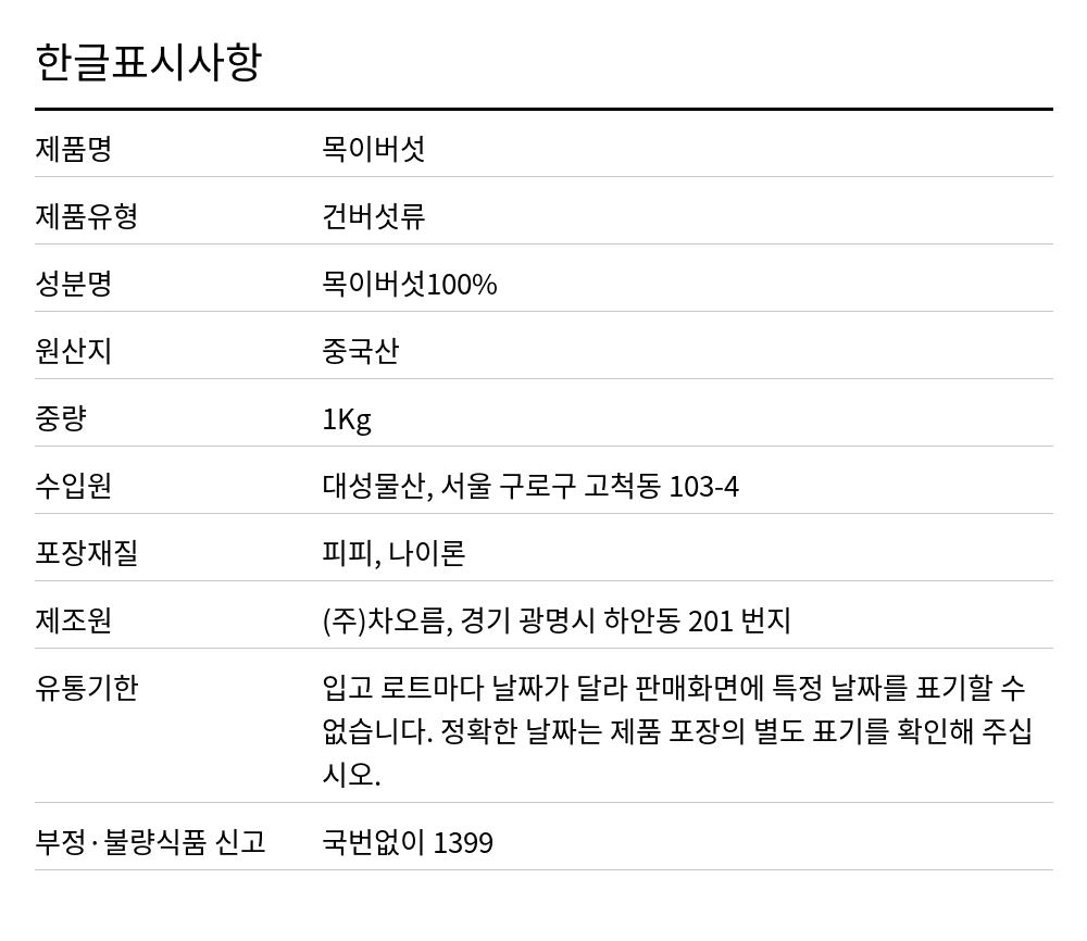 차오름 흑목이버섯(중국산) 1kg 한글표시사항. 제품명: 목이버섯, 제품유형: 건버섯류, 성분명: 목이버섯100%, 원산지: 중국산, 중량: 1Kg, 수입원: 대성물산, 서울 구로구 고척동 103-4, 포장재질: 피피, 나이론, 제조원: (주)차오름, 경기 광명시 하안동 201 번지, 유통기한: 입고 로트마다 날짜가 달라 판매화면에 특정 날짜를 표기할 수 없습니다. 정확한 날짜는 제품 포장의 별도 표기를 확인해 주십시오., 부정·불량식품 신고: 국번없이 1399